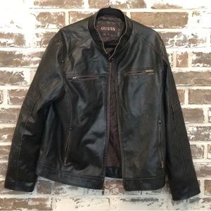 vintage GUESS Large brown faux-leather cafe racer motorcycle jacket